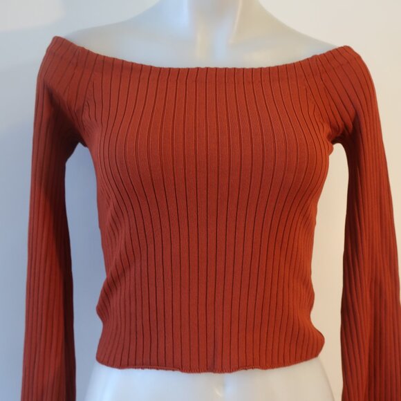 Womens Intermix Rust Ribbed Flare Sleeve Off-The-Shoulder Sweater P US/XS - Picture 6 of 10